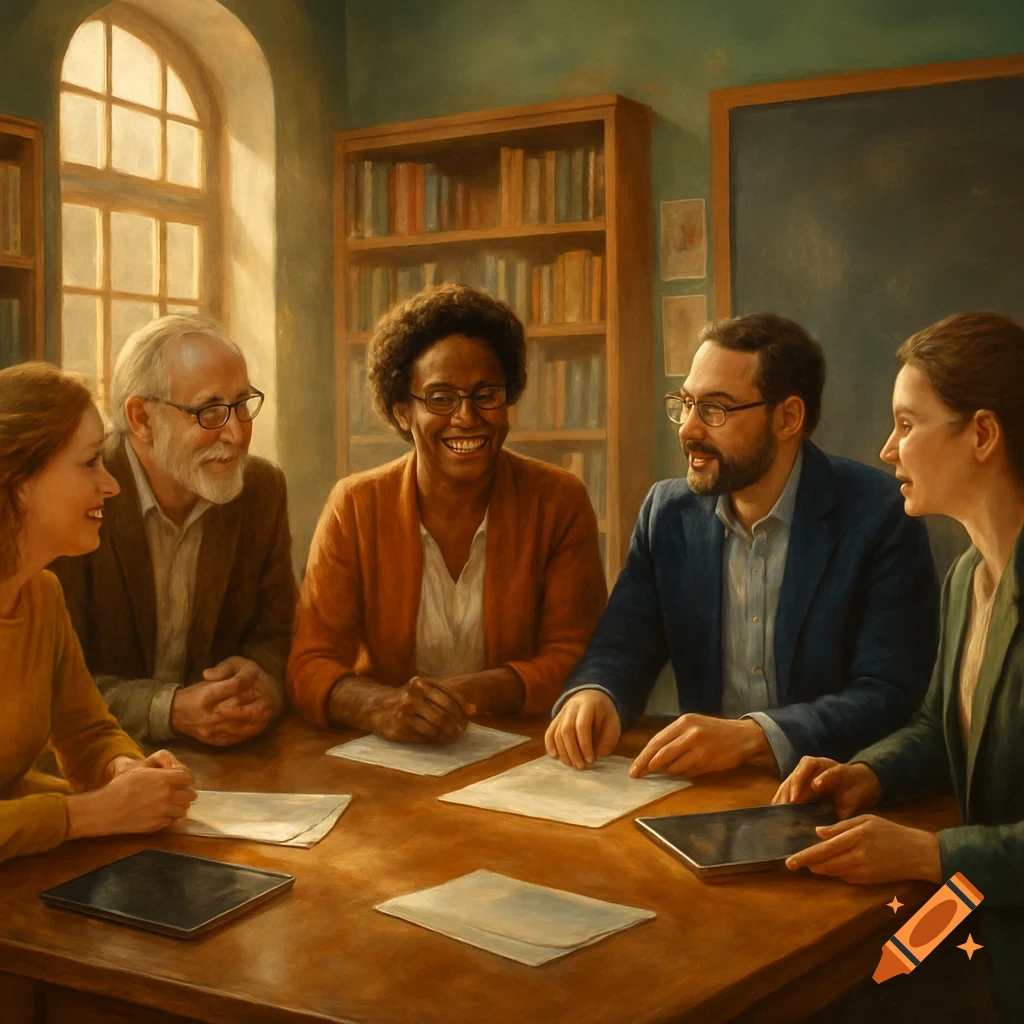 Five diverse adults smiling and talking around a wooden table in a sunlit room with bookshelves and a blackboard, painterly style.