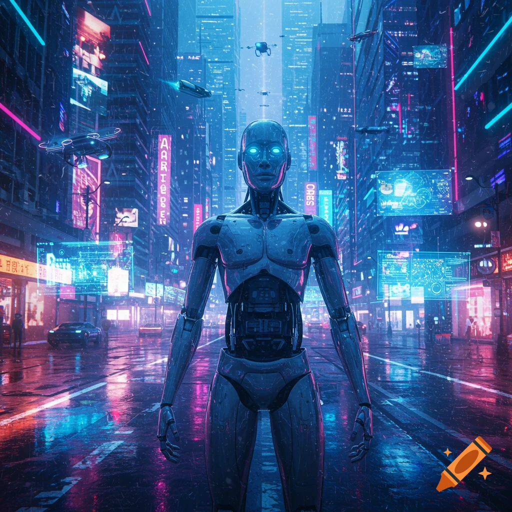 A humanoid robot stands on a wet street in a rainy, neon-lit cyberpunk city with flying vehicles.