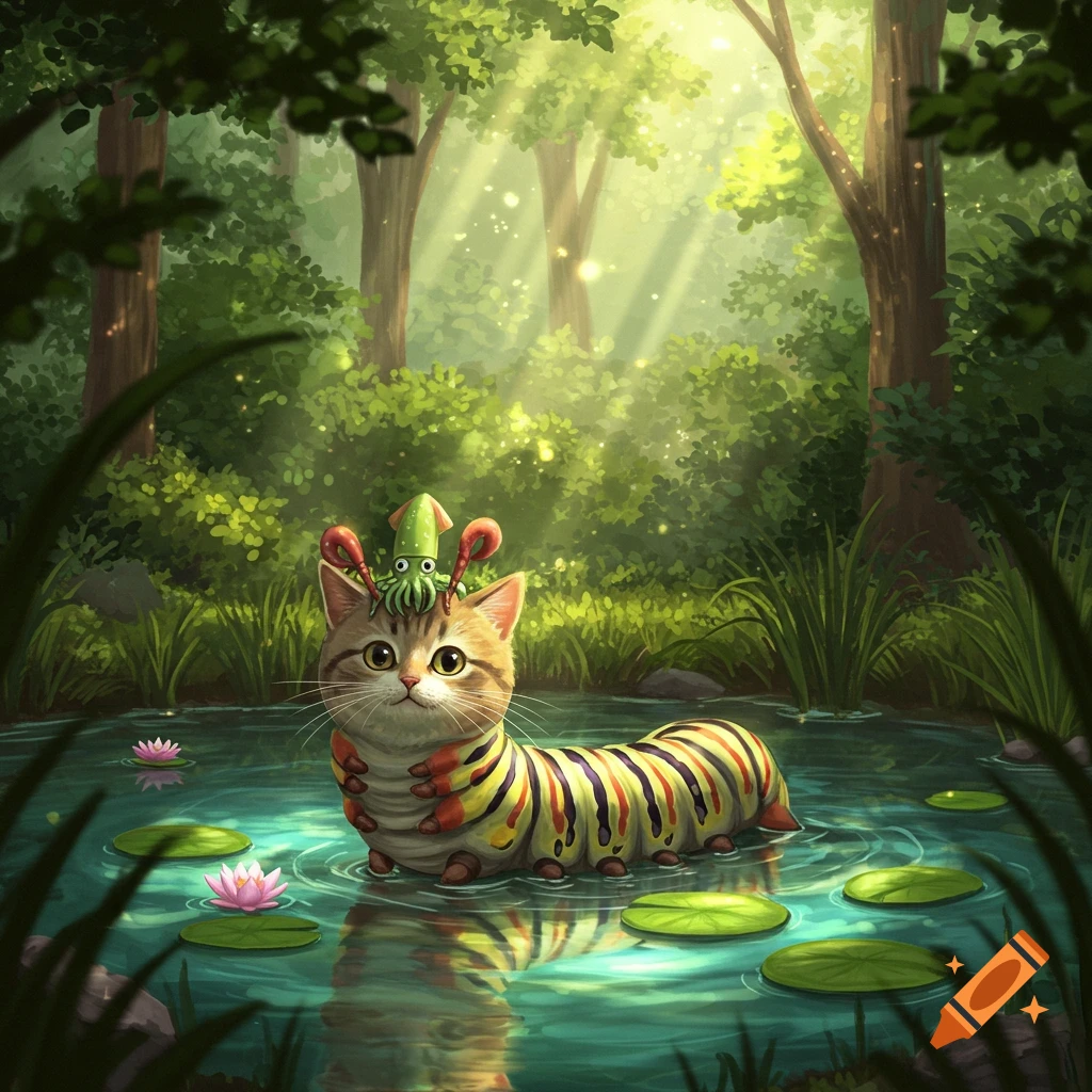 A whimsical illustration of a cat-caterpillar hybrid with a green squid hat standing in a forest pond with lily pads.