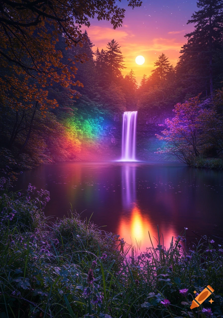Twilight scene with a rainbow waterfall flowing into a reflective pond surrounded by a lush, glowing forest under a bright moon.