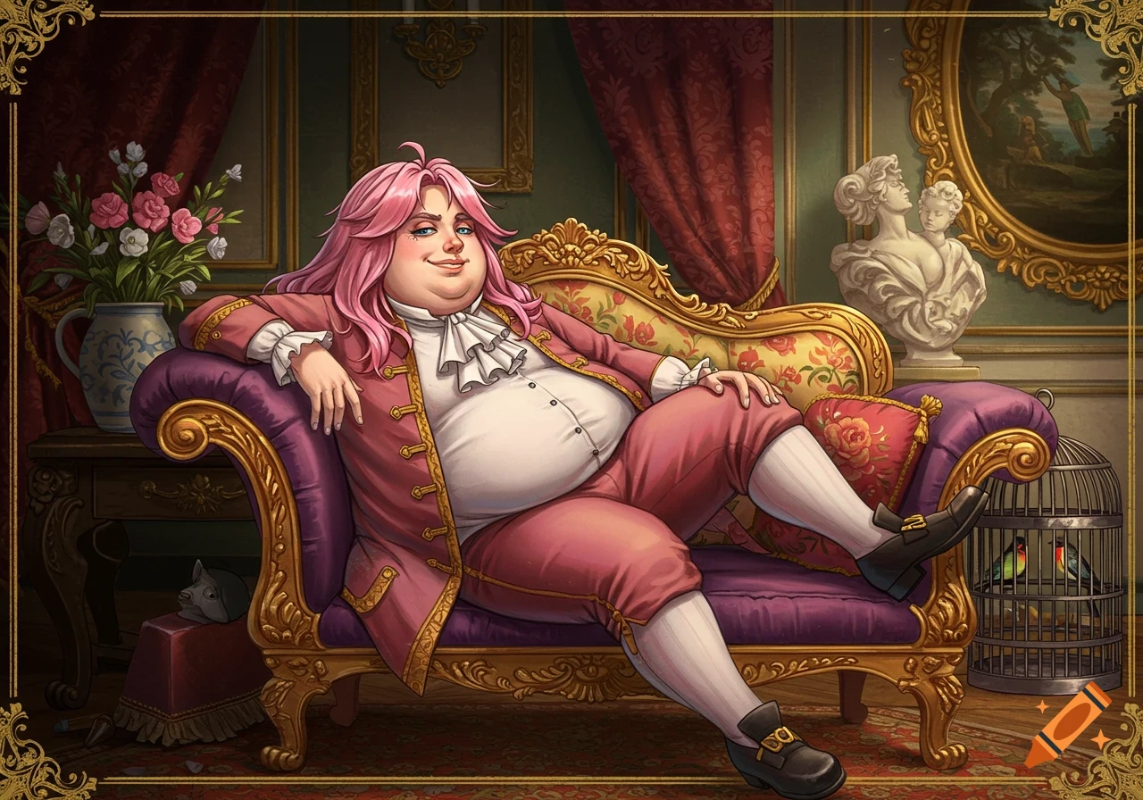 An illustrated, plump person with pink hair in historical attire lounges on an ornate purple chaise lounge in an opulent room.