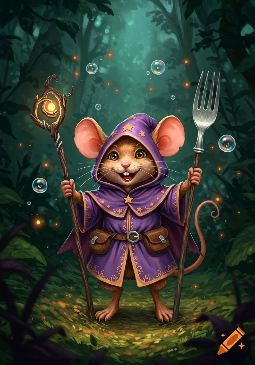 A cute whimsical mouse sorcerer in a purple star-adorned cloak, holding a glowing staff and a giant fork, stands in a magical forest.
