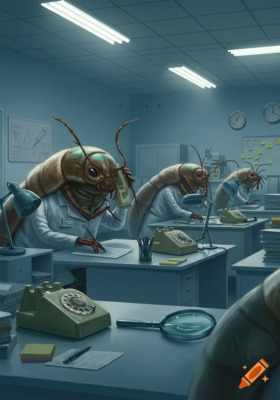 Giant anthropomorphic bed bugs in lab coats working at desks with old-fashioned phones in a dimly lit office. Stylized illustration.