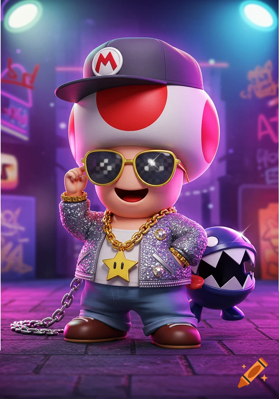 Toad from Mario dressed as a rapper with sunglasses, a gold chain, a sparkly jacket, and a Chain Chomp pet in a vibrant purple city street at night.