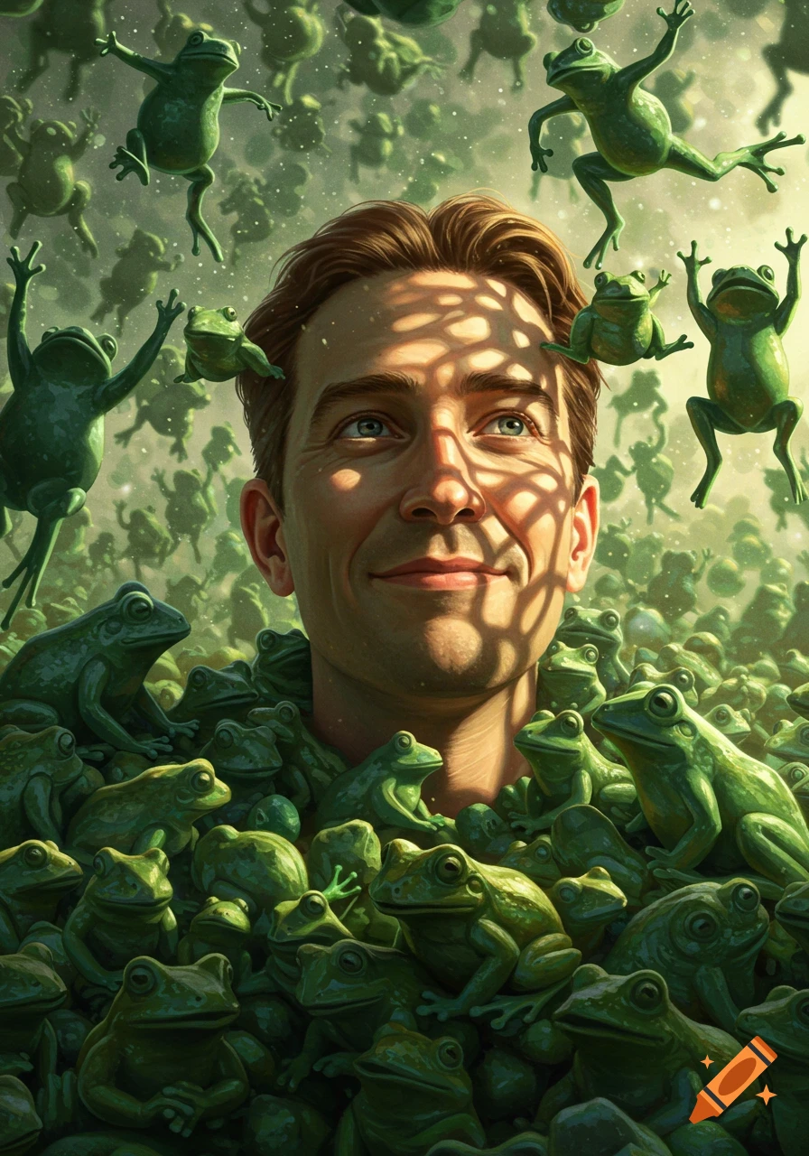 A smiling man's head emerges from a sea of green frogs, with many more frogs leaping and floating around him against a light background.