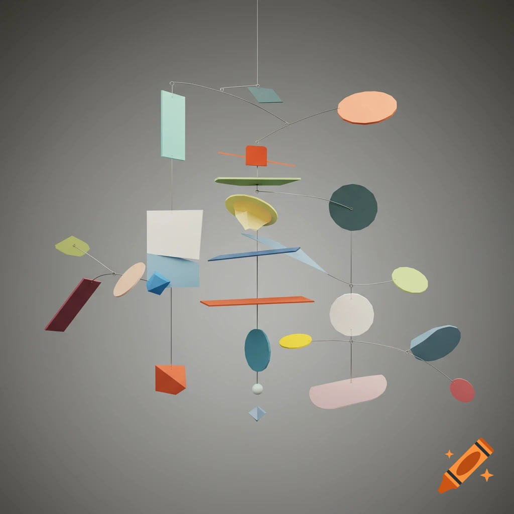 A modern mobile sculpture featuring an arrangement of colorful geometric shapes suspended by thin wires against a gray background.