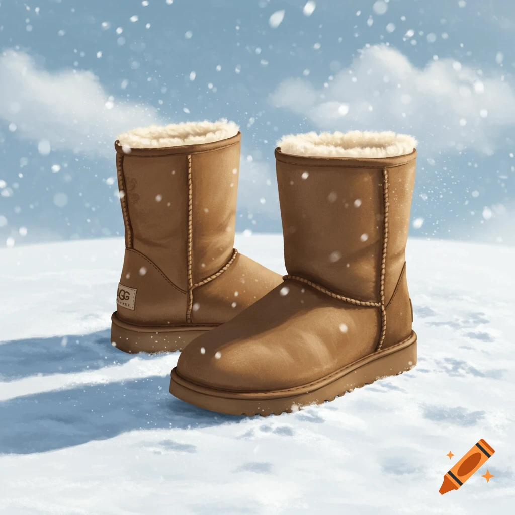 Two brown UGG boots standing in the snow with snowflakes falling.