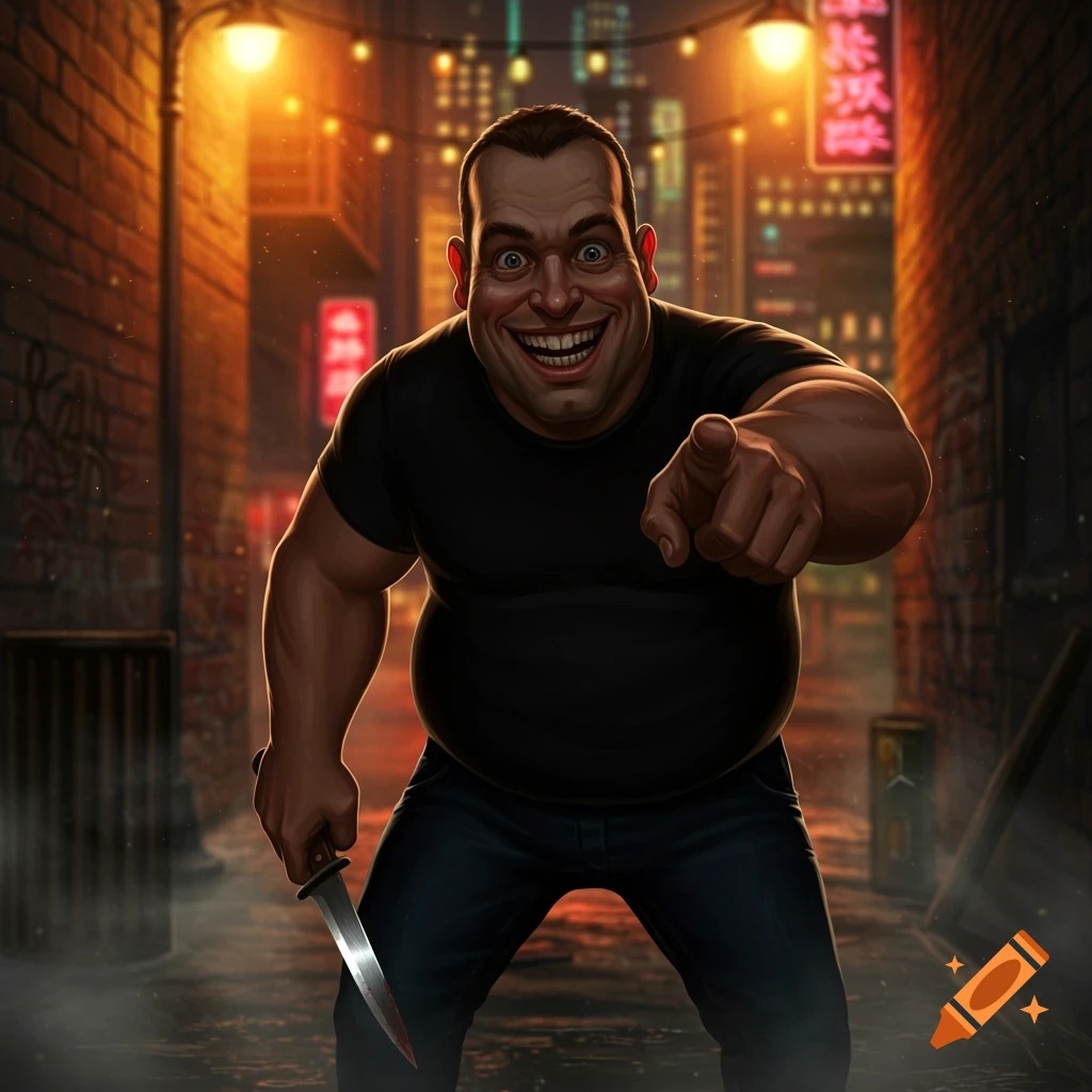 A menacing, cartoonish man with a wide grin holds a knife and points at the viewer in a dark, neon-lit alley.