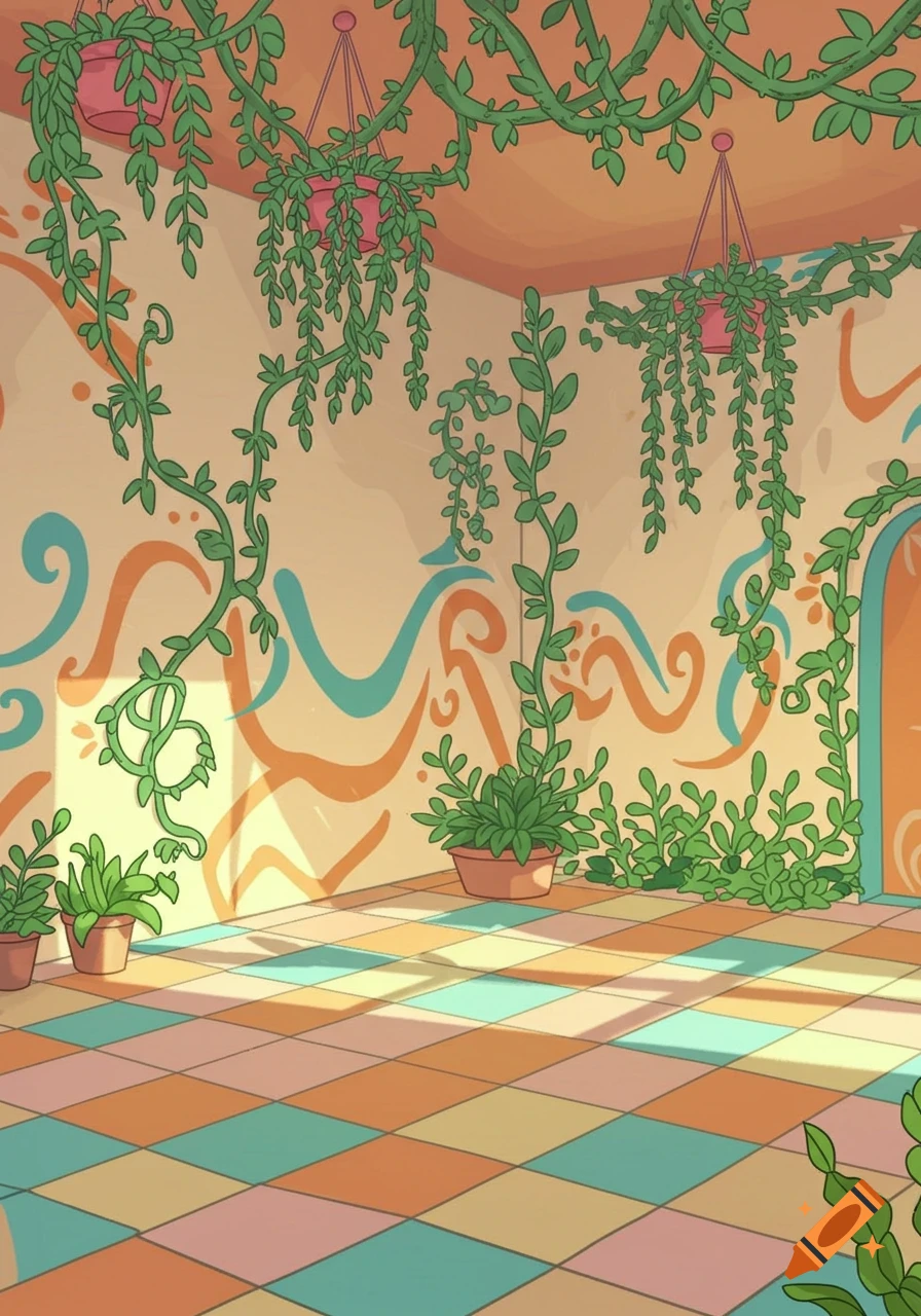 A cartoon interior room with a checkered floor, patterned walls, and numerous green vines hanging from the ceiling and climbing the walls from potted plants.