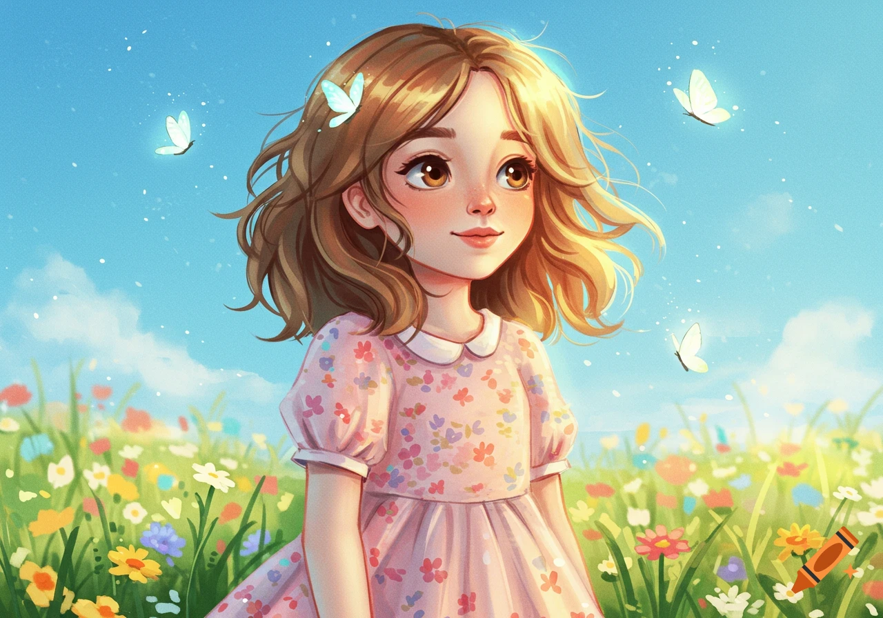A cute cartoon girl with brown hair in a pink floral dress stands in a field of colorful flowers with butterflies under a blue sky.