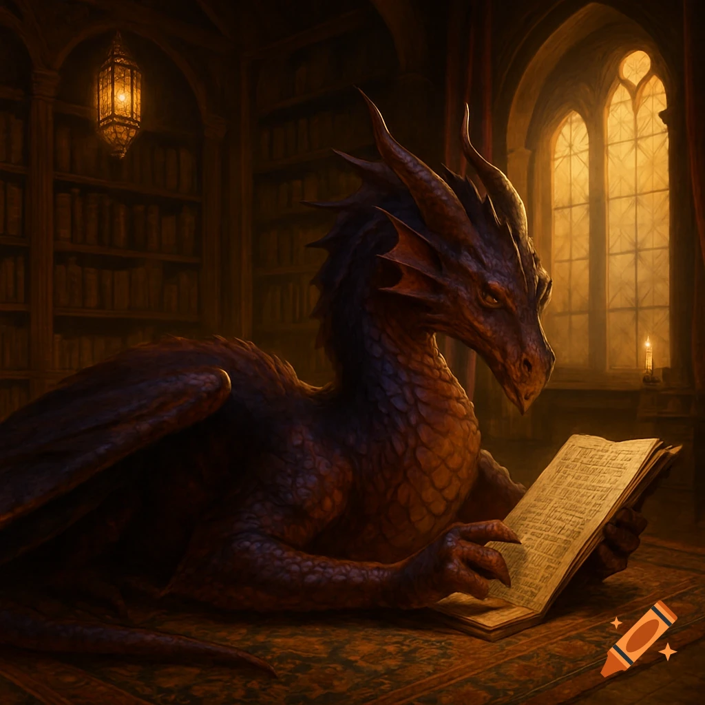 A majestic purple and red dragon with horns and wings lies in a dimly lit fantasy library, intently reading an open book.