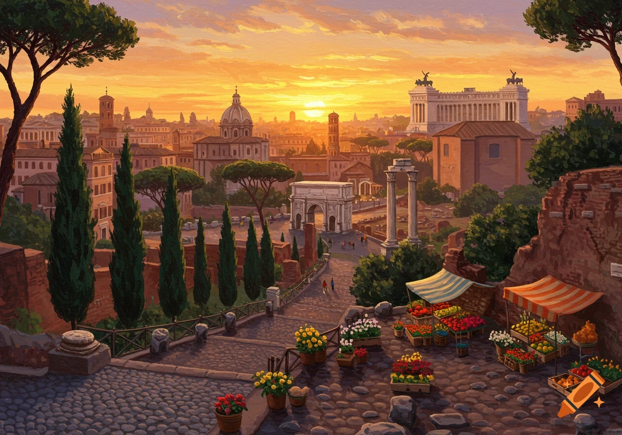 A vibrant painting of the Roman cityscape at sunset, featuring ancient ruins, a domed building, and market stalls on a cobblestone path.