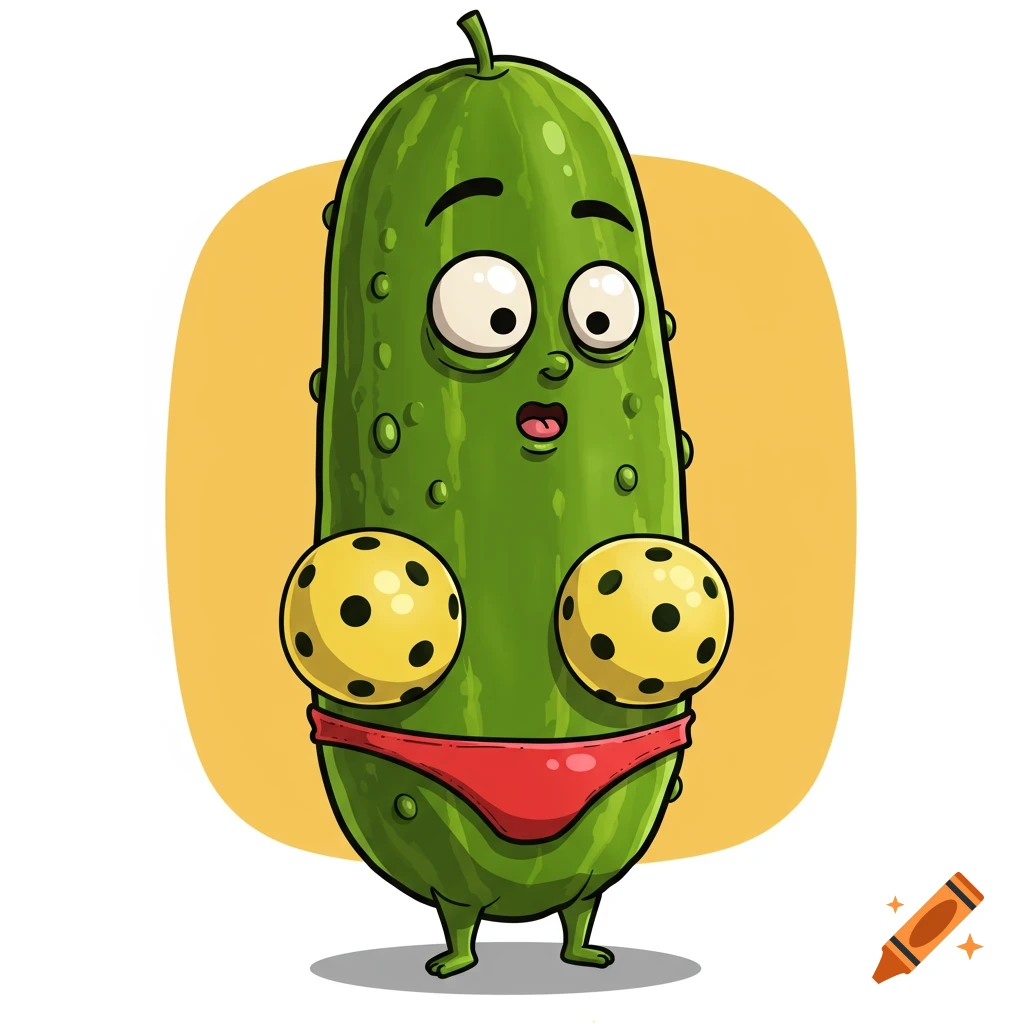 A funny cartoon-style pickle wearing a red monokini, with two pickleball balls as breasts, standing with a silly expression on a bright background.