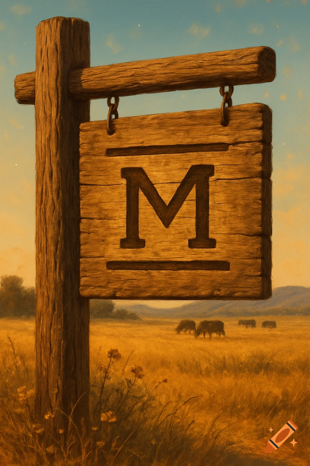 Wooden ranch sign with a 'Bar M' brand in a golden field with grazing cattle under a pale blue sky.