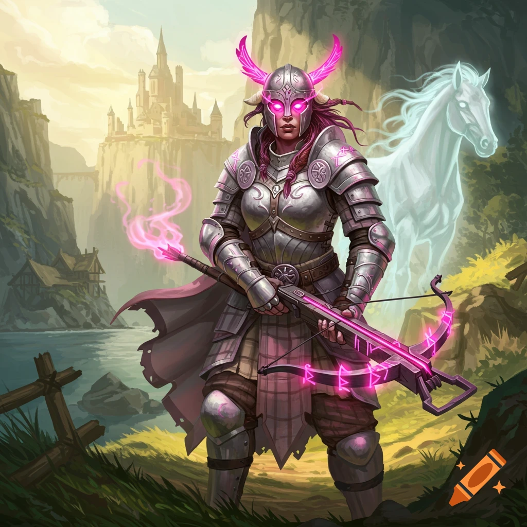 A female knight in silver armor with glowing pink eyes and a matching crossbow stands on a cliff, accompanied by a translucent white horse spirit, with a castle in the background in a fantasy illustration.