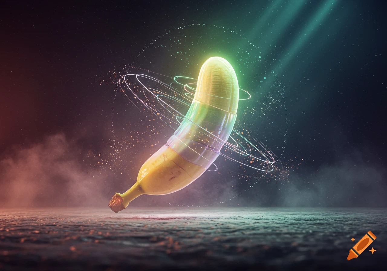 A vibrant, glowing banana floats above a misty surface, encircled by abstract neon rings and light beams in a dark, futuristic setting.