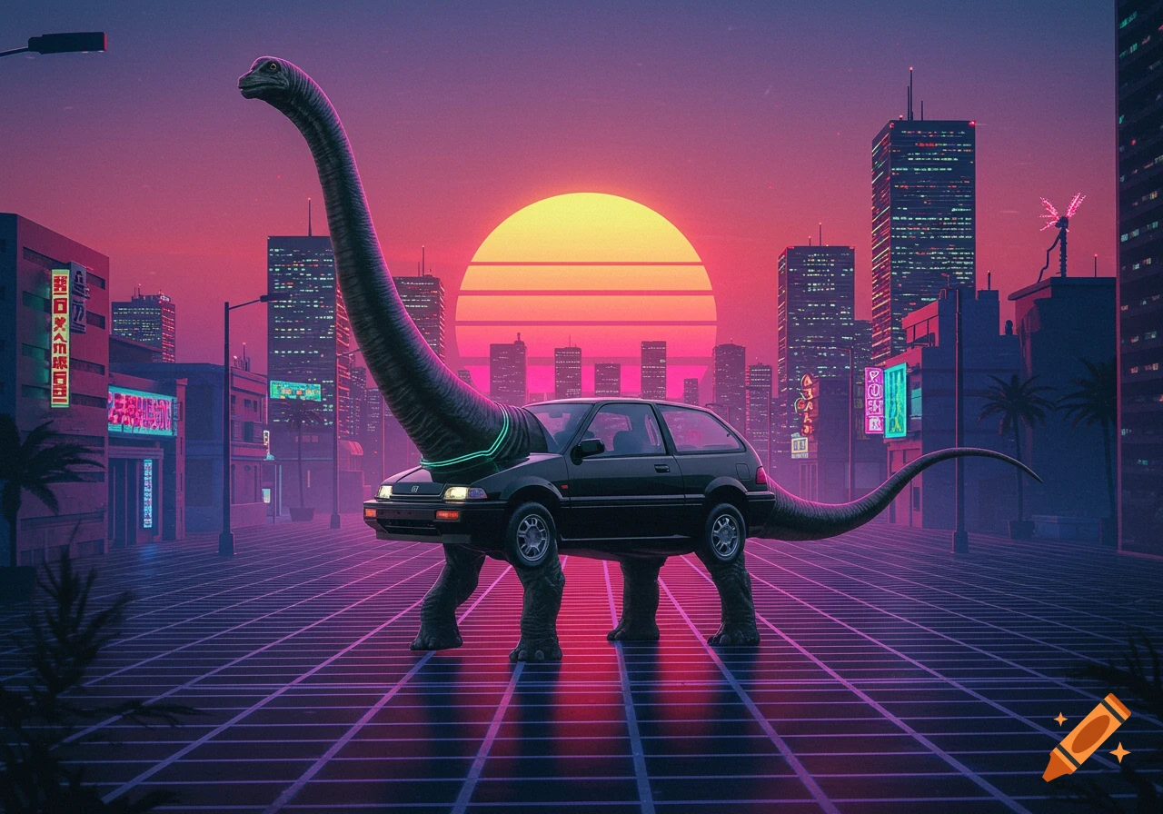A black 1980s car with a brontosaurus head and tail, and dinosaur legs, stands on a neon grid in a pink and purple synthwave city at sunset.
