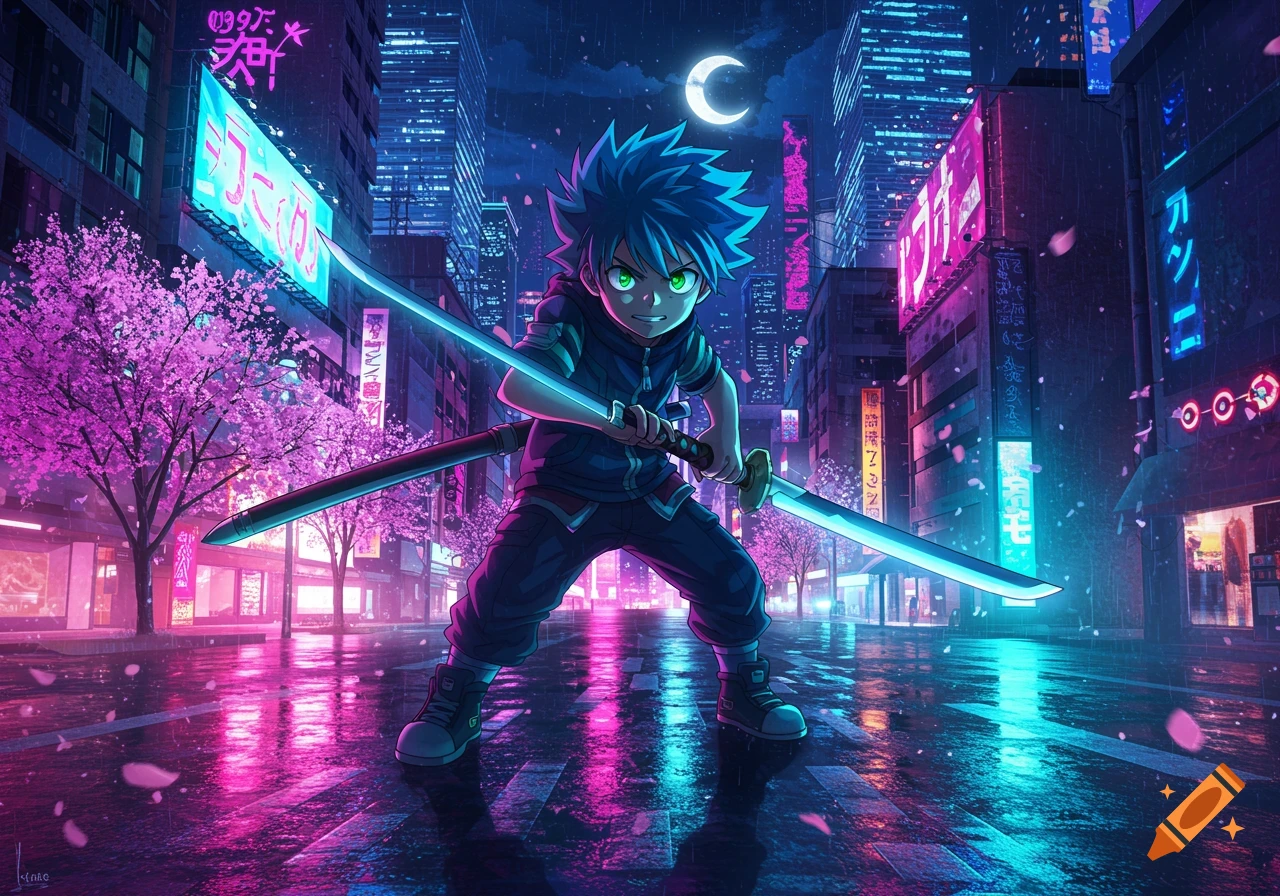 Anime boy with blue hair and green eyes holding two glowing swords in a neon cyberpunk city with cherry blossoms and wet street reflections.