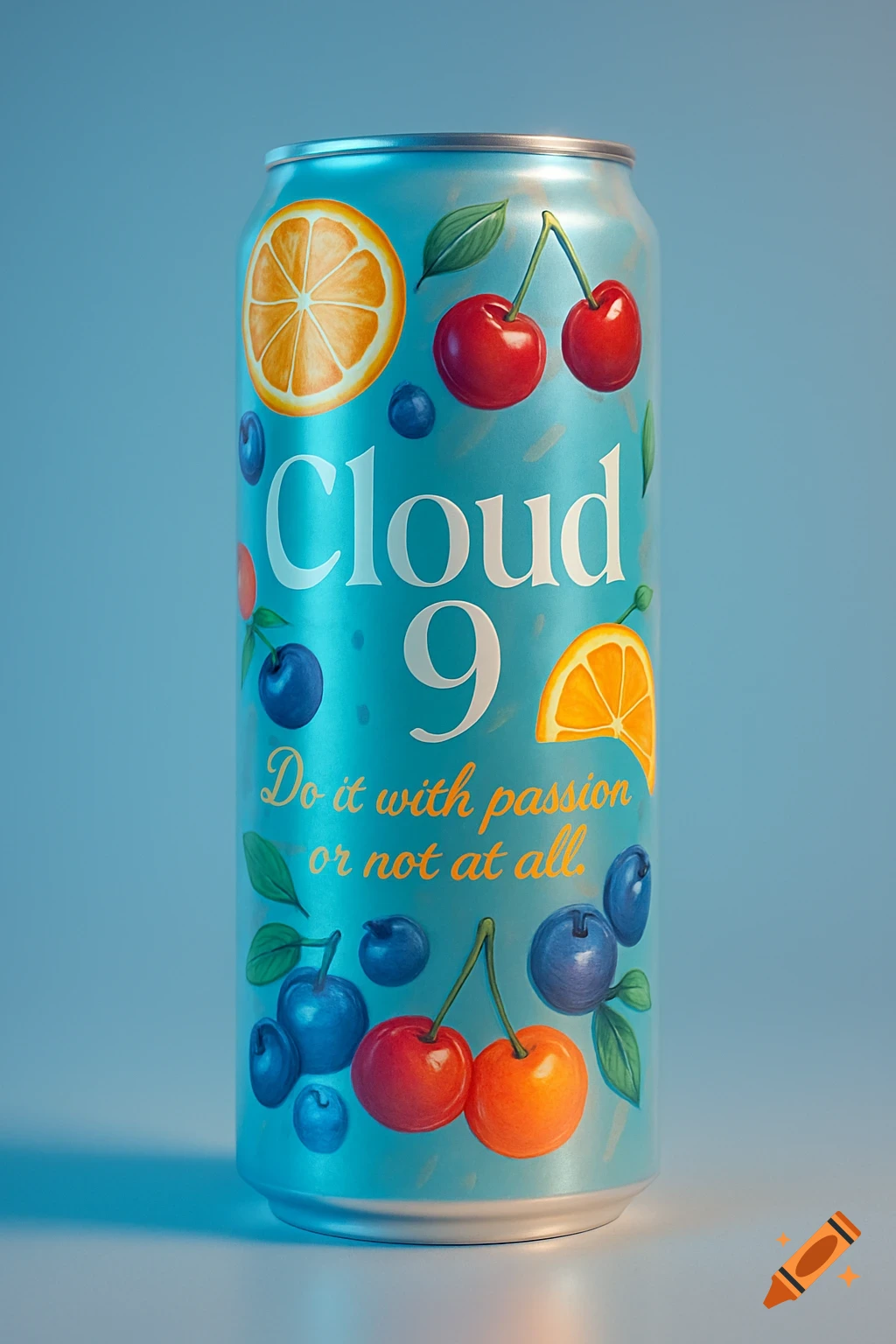 A light blue soda can with 'Cloud 9' and 'Do it with passion or not at all' text, adorned with oranges, cherries, and blueberries.