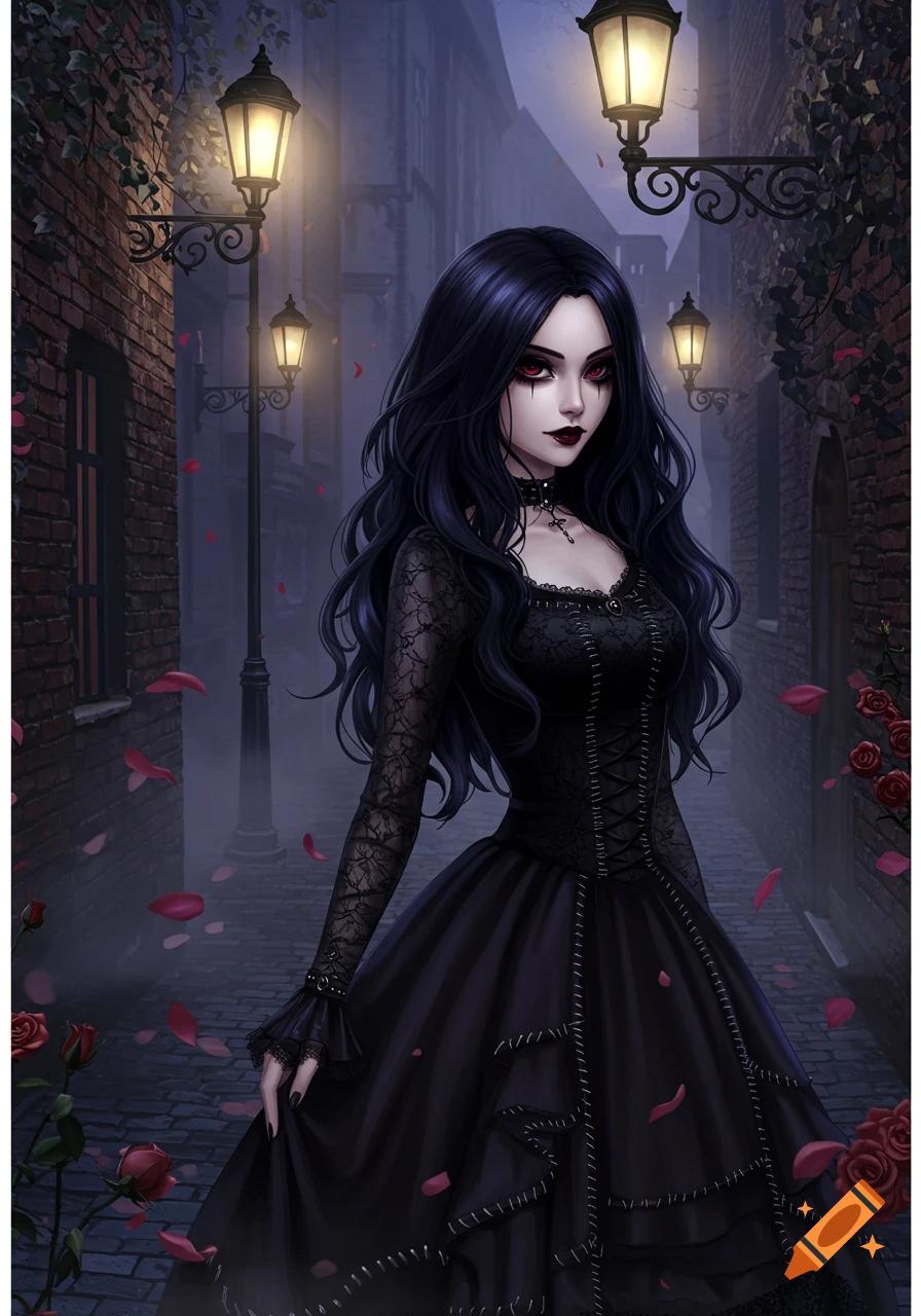 An anime goth girl with long black hair and red eyes in a black dress stands on a cobblestone street with streetlights and rose petals.