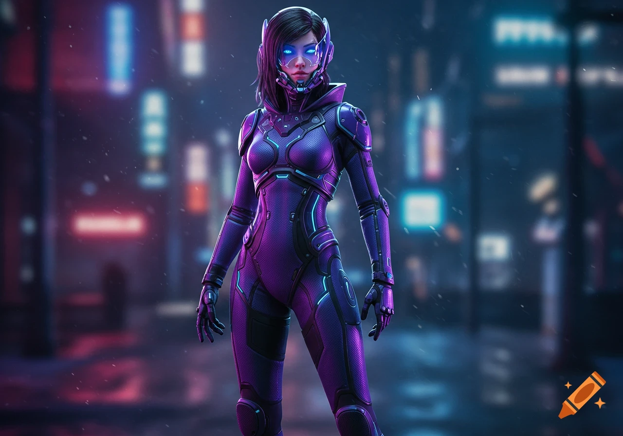 A woman in a vibrant purple tech suit with glowing blue accents stands in a neon-lit cyberpunk city street at night.