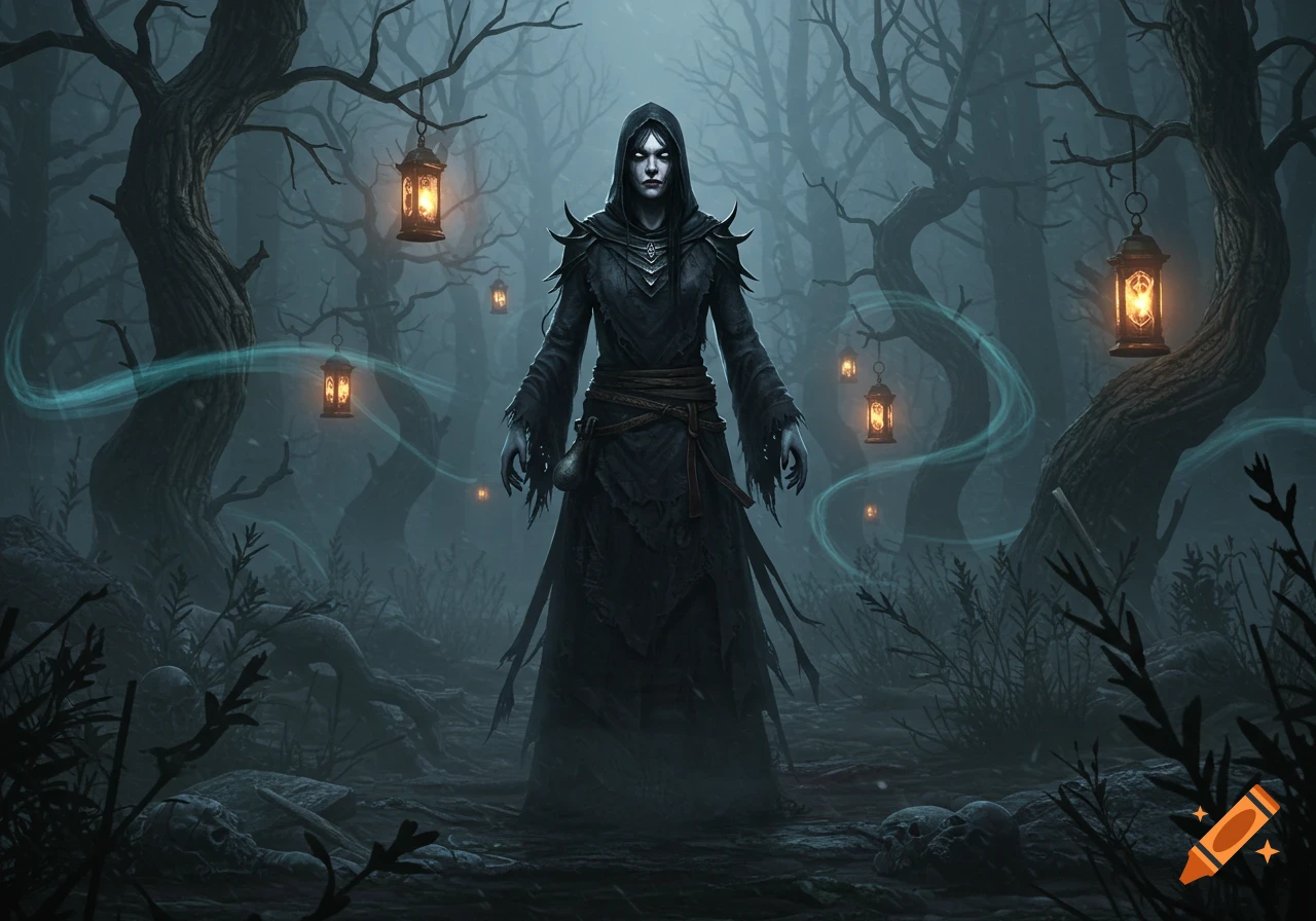 A solemn witch in black robes stands amidst a foggy, dark forest with glowing lanterns and skulls on the ground, in a semi-realistic style.