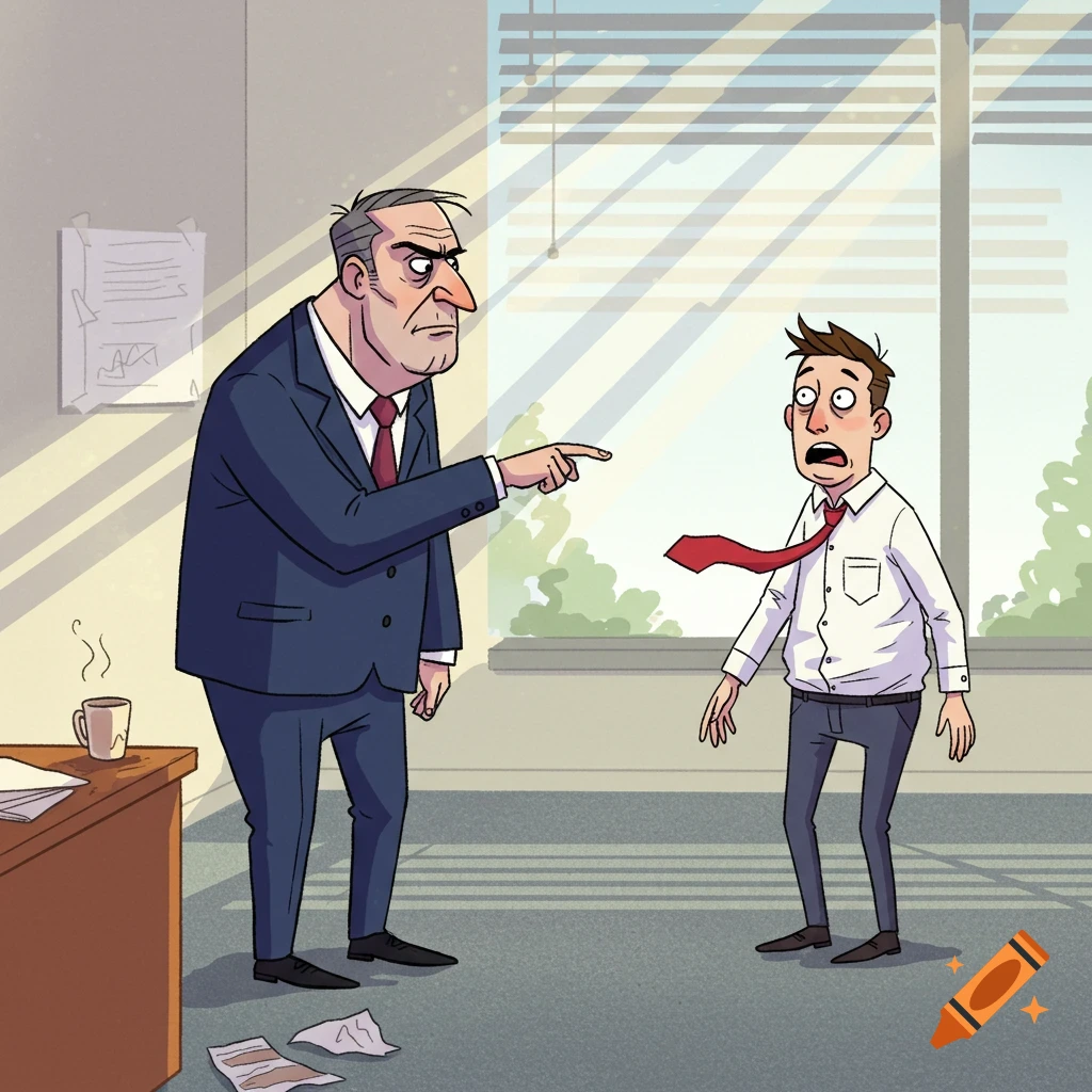 A cartoon boss angrily points at a shocked employee in an office.