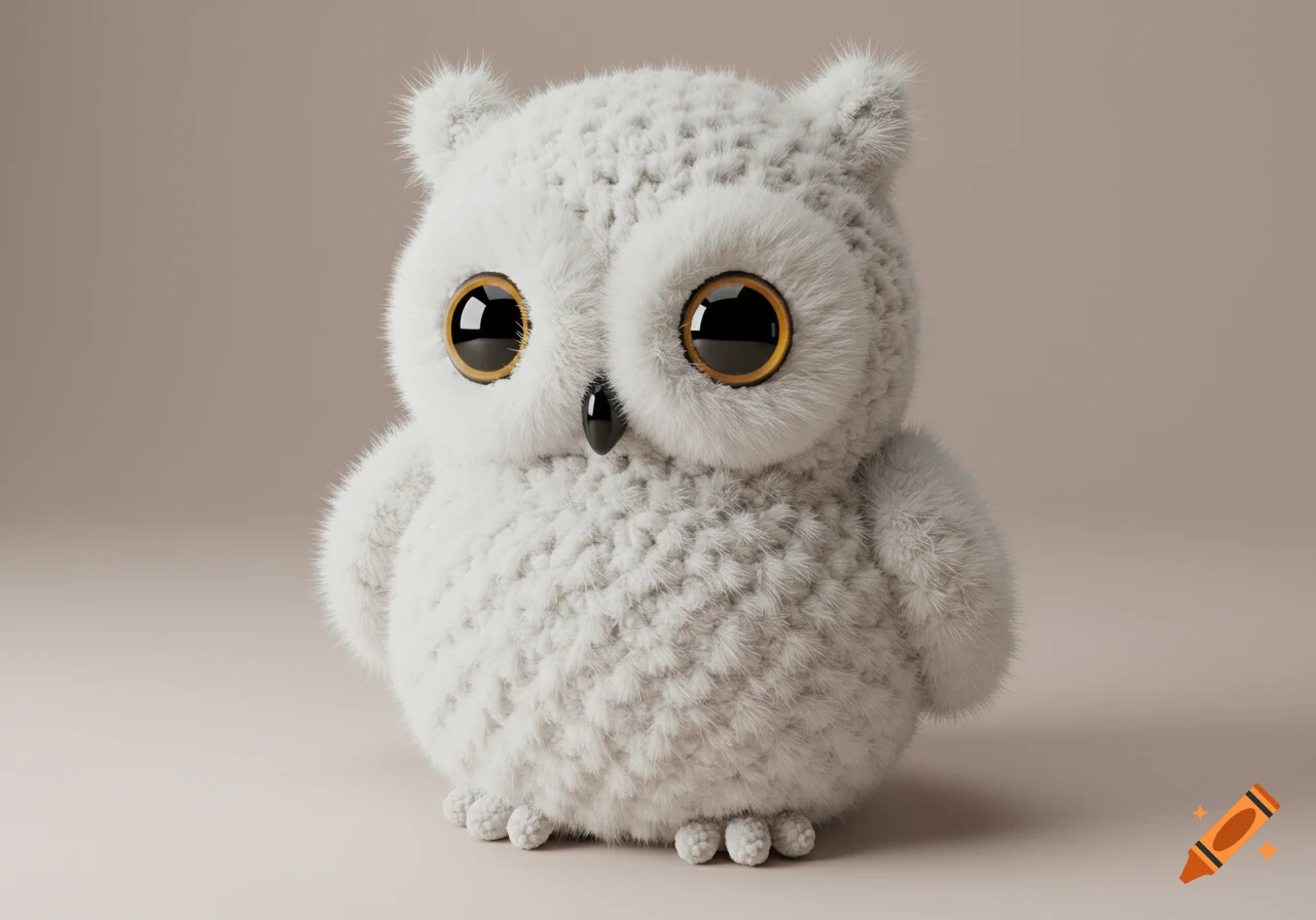 A fluffy white owl plush toy with large black eyes and a small beak, rendered with realistic fur and chenille textures on a light background.