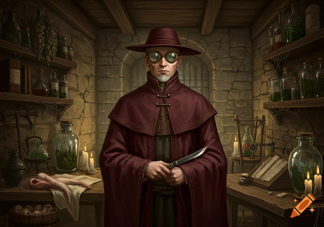 A man in medieval attire, including a wide-brimmed hat, goggles, and a high-collared cloak, holding a knife in a stone-walled room with shelves of bottles and candles.