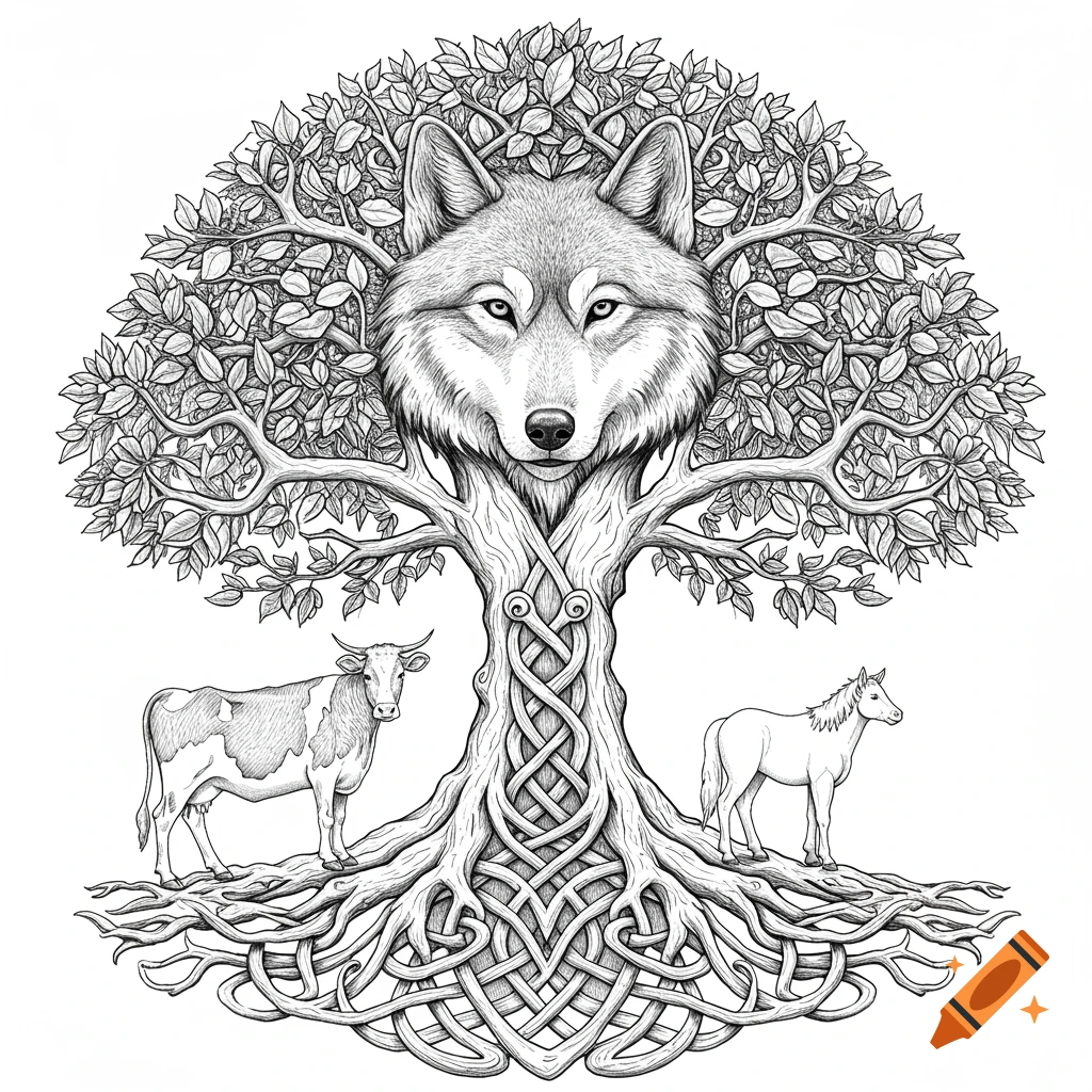 A monochrome line drawing of a Tree of Life with a wolf's head at the top, a Celtic knot in its roots, a cow on the left, and a horse on the right.
