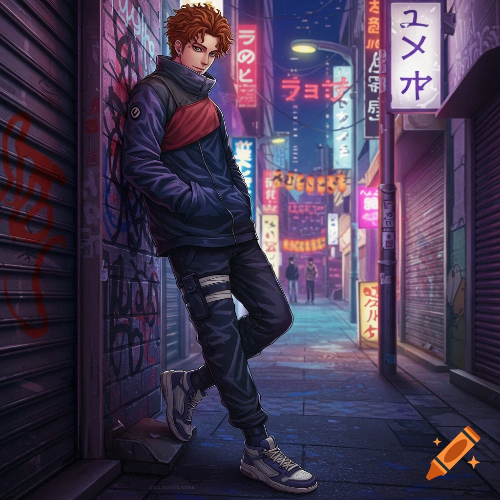 Anime character with red hair in urban streetwear leans on graffiti wall in neon-lit Japanese alley at night.