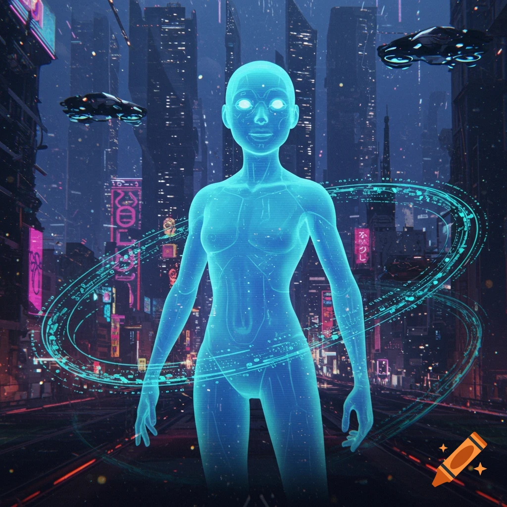 A glowing blue holographic human-like AI figure stands in a neon-lit cyberpunk city with flying drones.
