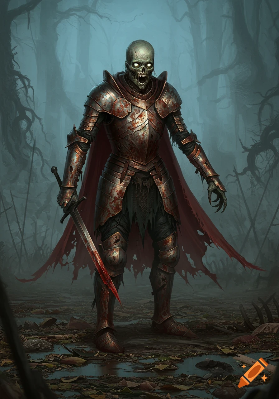 A full-body depiction of a zombie knight in bloodied, rusted armor and a tattered red cape, holding a sword in a misty, dark forest.
