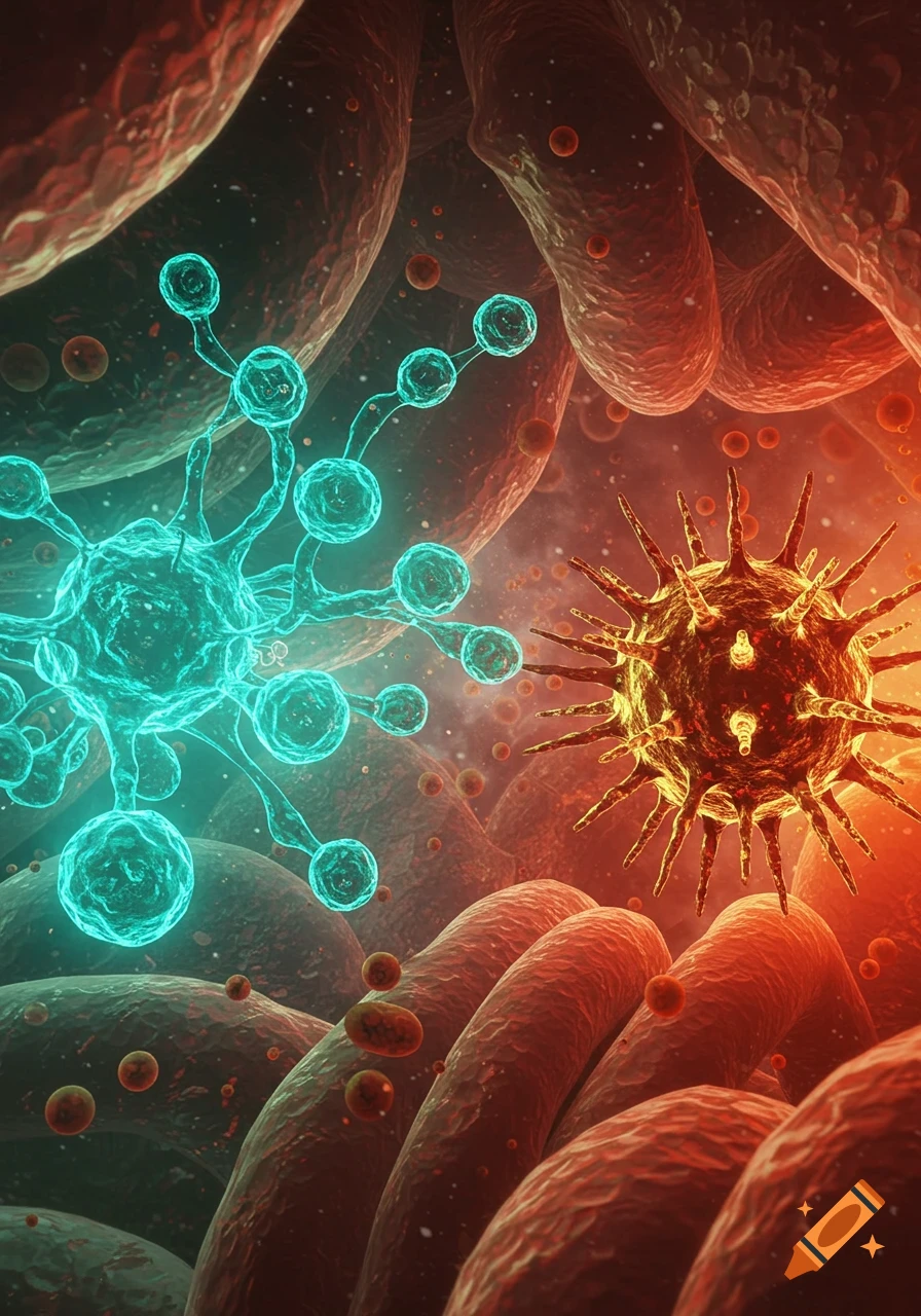 A vibrant microscopic view of a blue cell structure interacting with a spiky yellow virus amidst red biological forms.