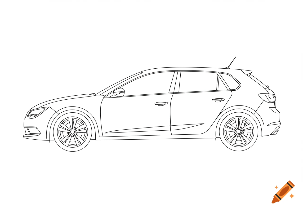 A black and white line drawing of a hatchback car viewed from the side.