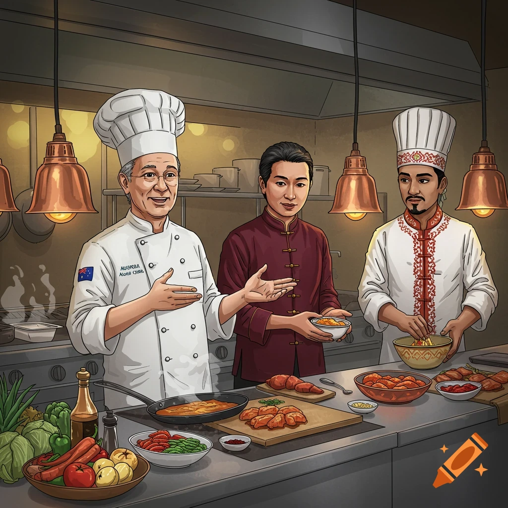 Three diverse chefs, Australian, Chinese, and Arabic, cooking together in a kitchen with various ingredients, in an illustrated style.