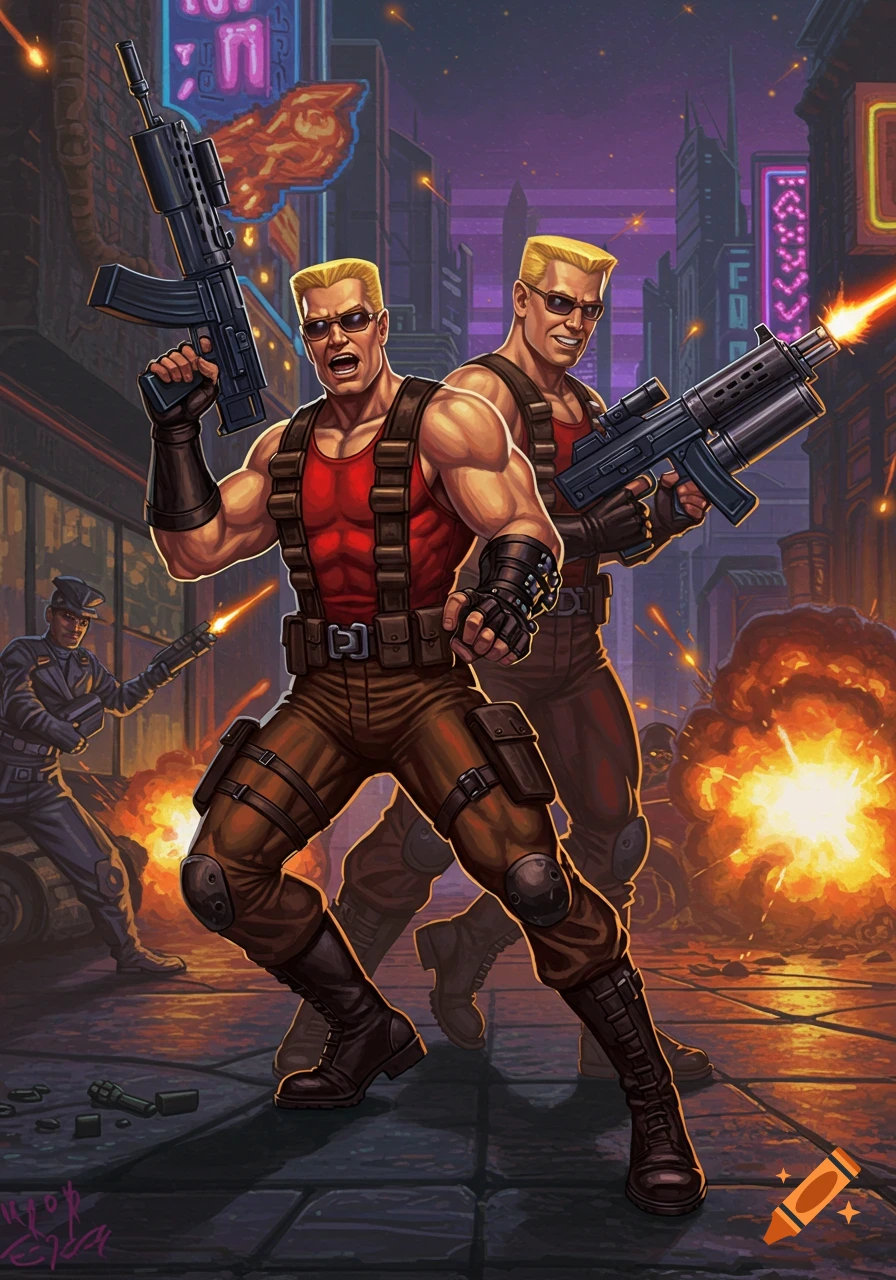 Two muscular men resembling Duke Nukem, in red tank tops and brown pants, stand with assault rifles amidst explosions in a futuristic city street.