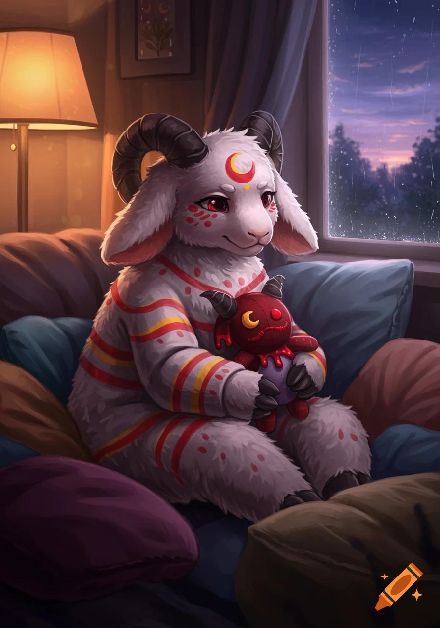 A fluffy white goat character with horns and red markings sits on a couch, cuddling a red monster plush. It's a cozy, softly lit scene with a window showing a rainy twilight.