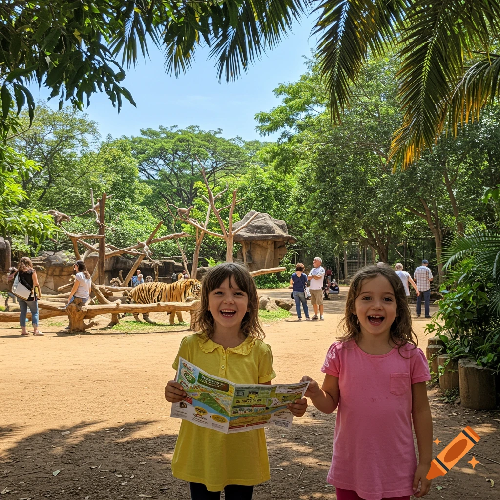 Two smiling young girls stand in front of a tiger enclosure at a zoo, one holding a map.