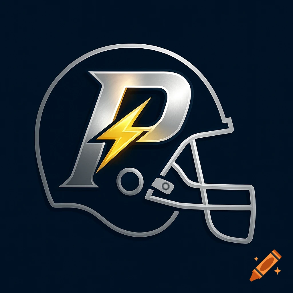 Silver American football helmet logo with a large P and yellow lightning bolt on a dark blue background.