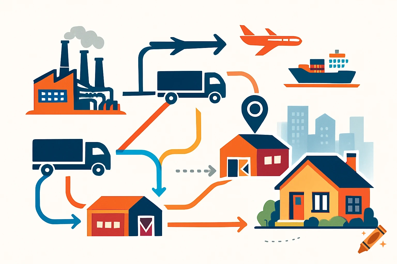 A colorful flow diagram illustrating logistics from factory to doorstep, with trucks, plane, ship, and houses.