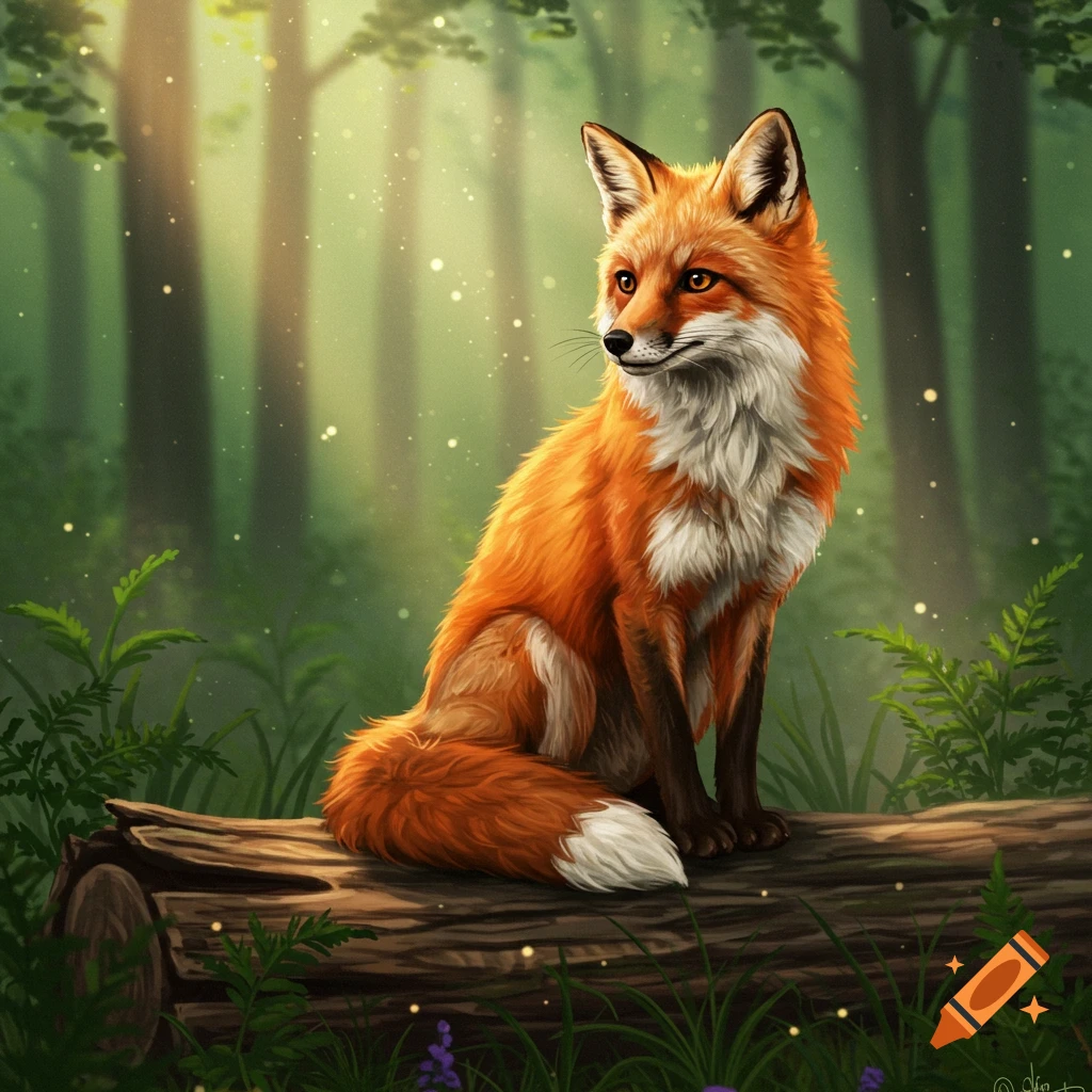 An adorable orange fox with white markings sits on a log in a sun-dappled forest.