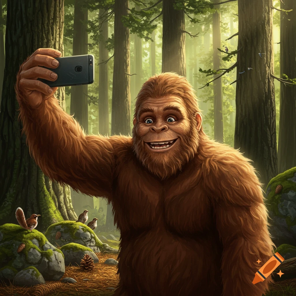 A brown, furry Bigfoot with a wide grin holds up a black smartphone to take a selfie in a sunlit forest.