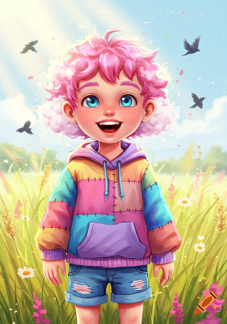 A smiling cartoon child with pink curly hair and blue eyes stands in a vibrant green field, wearing a colorful patchwork hoodie and denim shorts, with birds flying in the sunny sky.