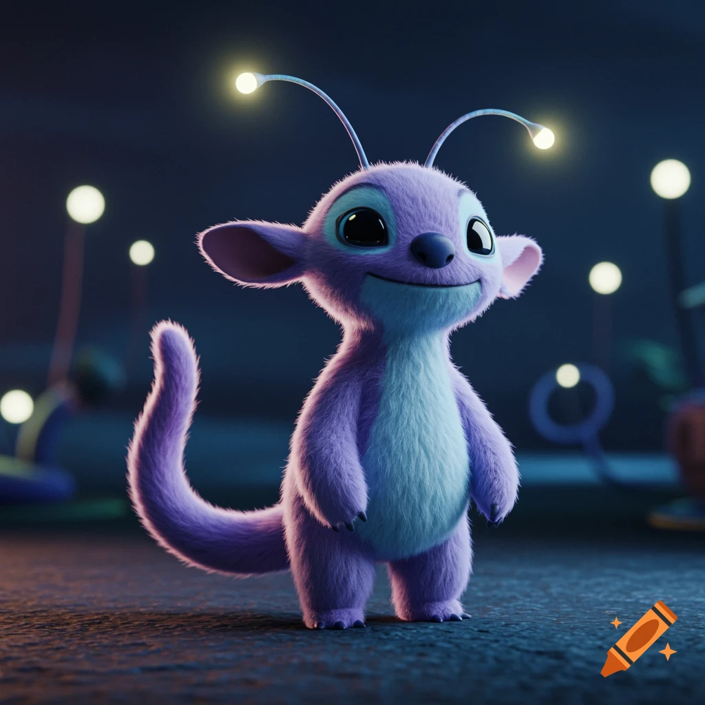 A cute lavender and silvery blue furry creature resembling Stitch, with glowing antennae, stands in a dark, stylized setting.