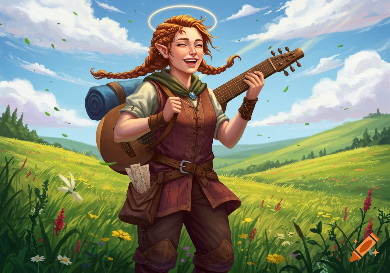 A joyful female bard with braided auburn hair playing a lute in a vibrant green field under a blue sky, digital painting.