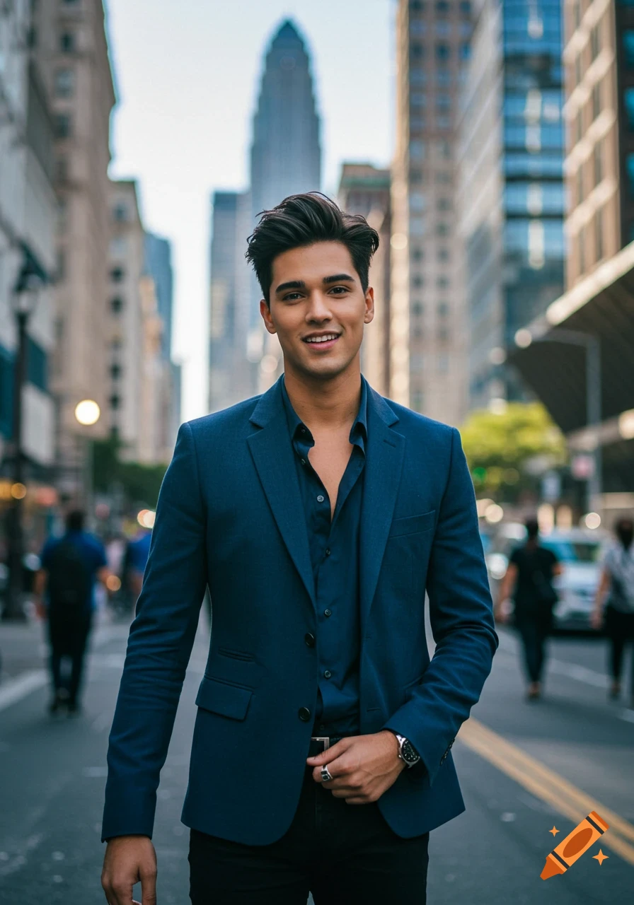 A smiling man in a blue suit stands on a city street with tall buildings in the background.