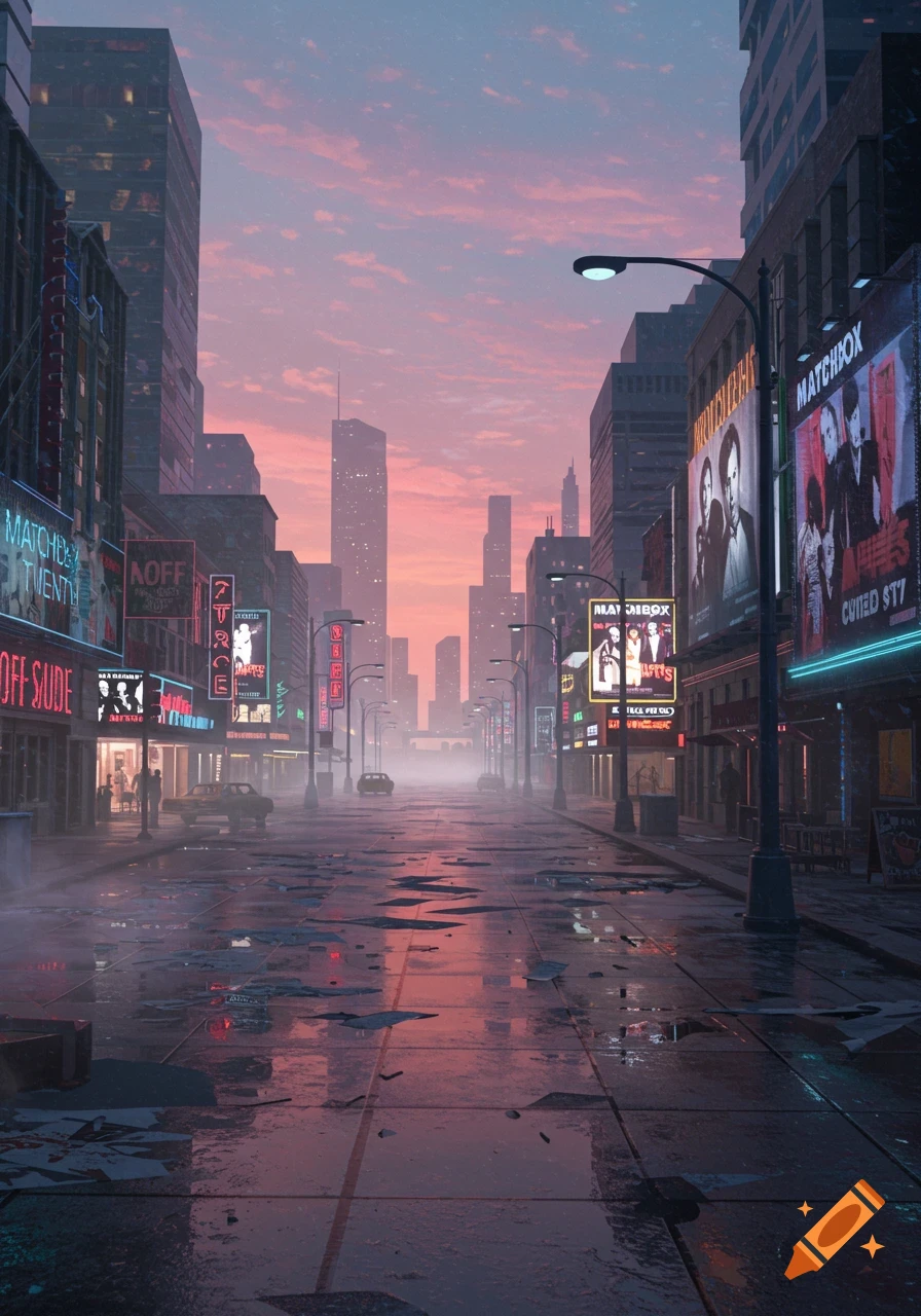 A stylized, mist-filled city street at dusk, with tall buildings, neon signs, and reflections on the wet ground.