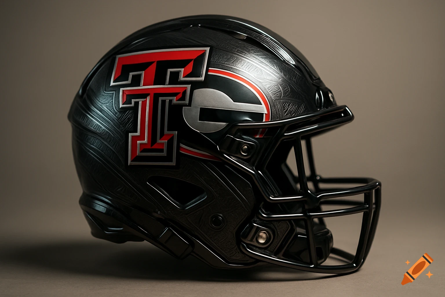 A black, highly stylized football helmet with the Texas Tech double T and University of Georgia G logos.