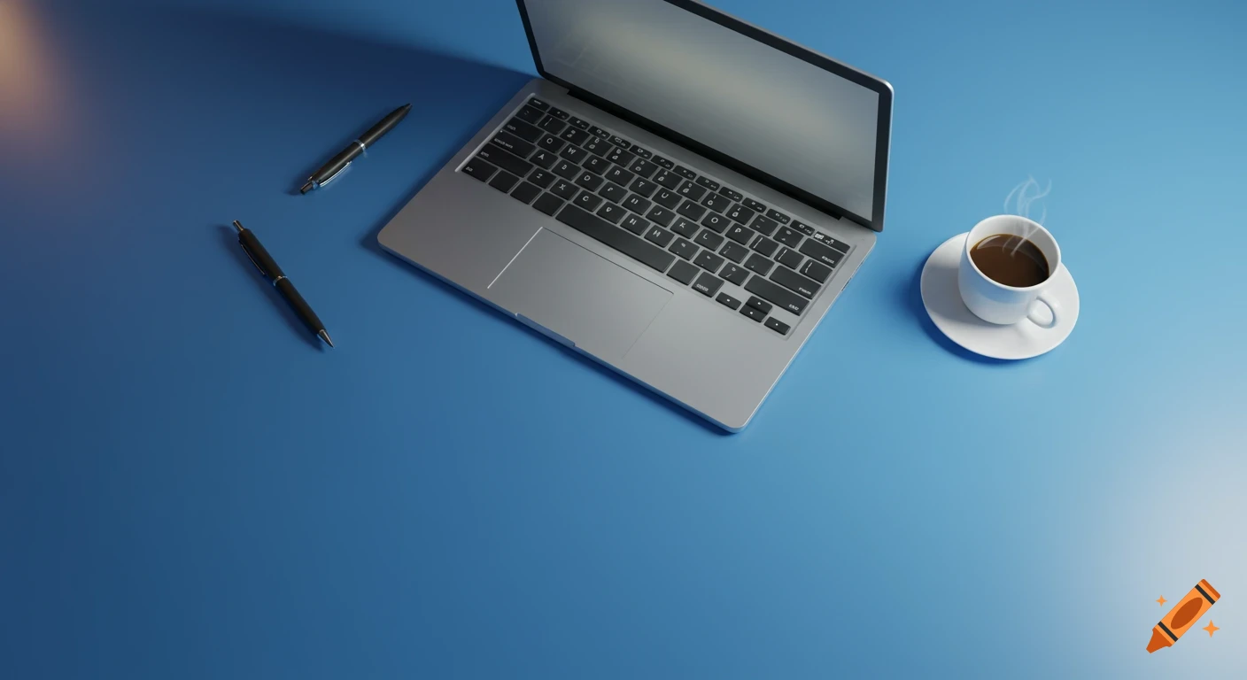 Bird's-eye view of a minimalist blue desk with a silver laptop, two black pens, and a steaming white coffee cup.